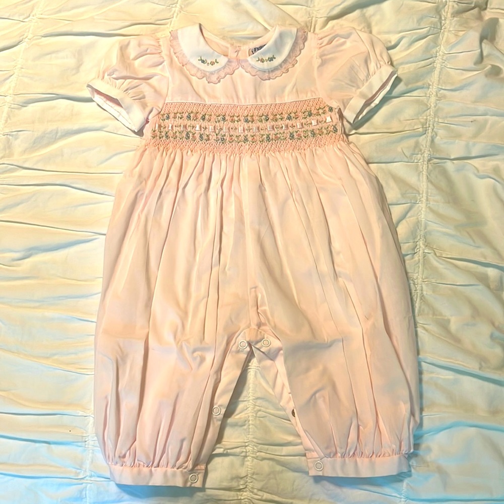 Pink smocked jumpsuit 9m